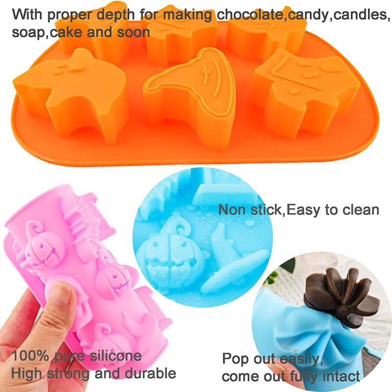 Pumpkin Silicone Halloween Cake Chocolate Mould Silicone with Ghost Pumpkin Bat & Witch Hat Cookie Mold for Ice Cube Baking Mold