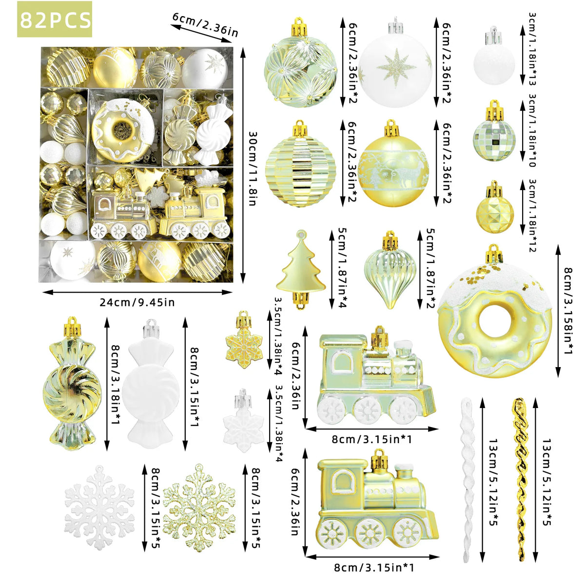 82PCS Assorted Christmas Ornaments Set Large Christmas Tree Decorations 3–8CM Christmas Balls Assorted Xmas Ornaments Decor Set