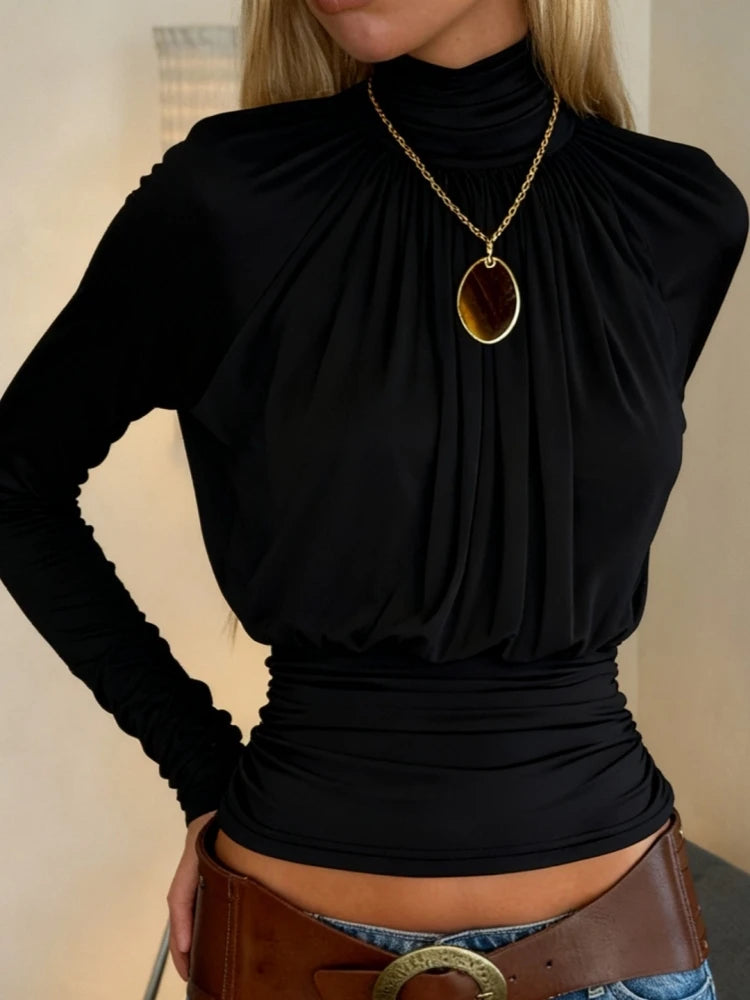Solid Black T-Shirts for Women Elegant Clothes Turtleneck Camisetas Lady Tops Long Sleeve Ropa De Mujer Shirring Feminist Shirt
