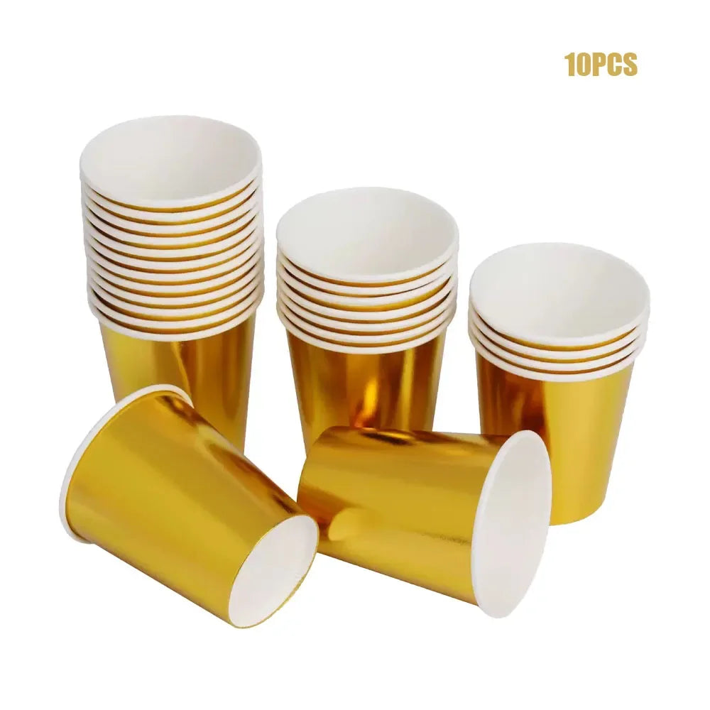 Gold Birthday Party Decorations Disposable Tableware Disposable Golden Plates Cups Kids Adult Wedding Bachelor Party Supplies