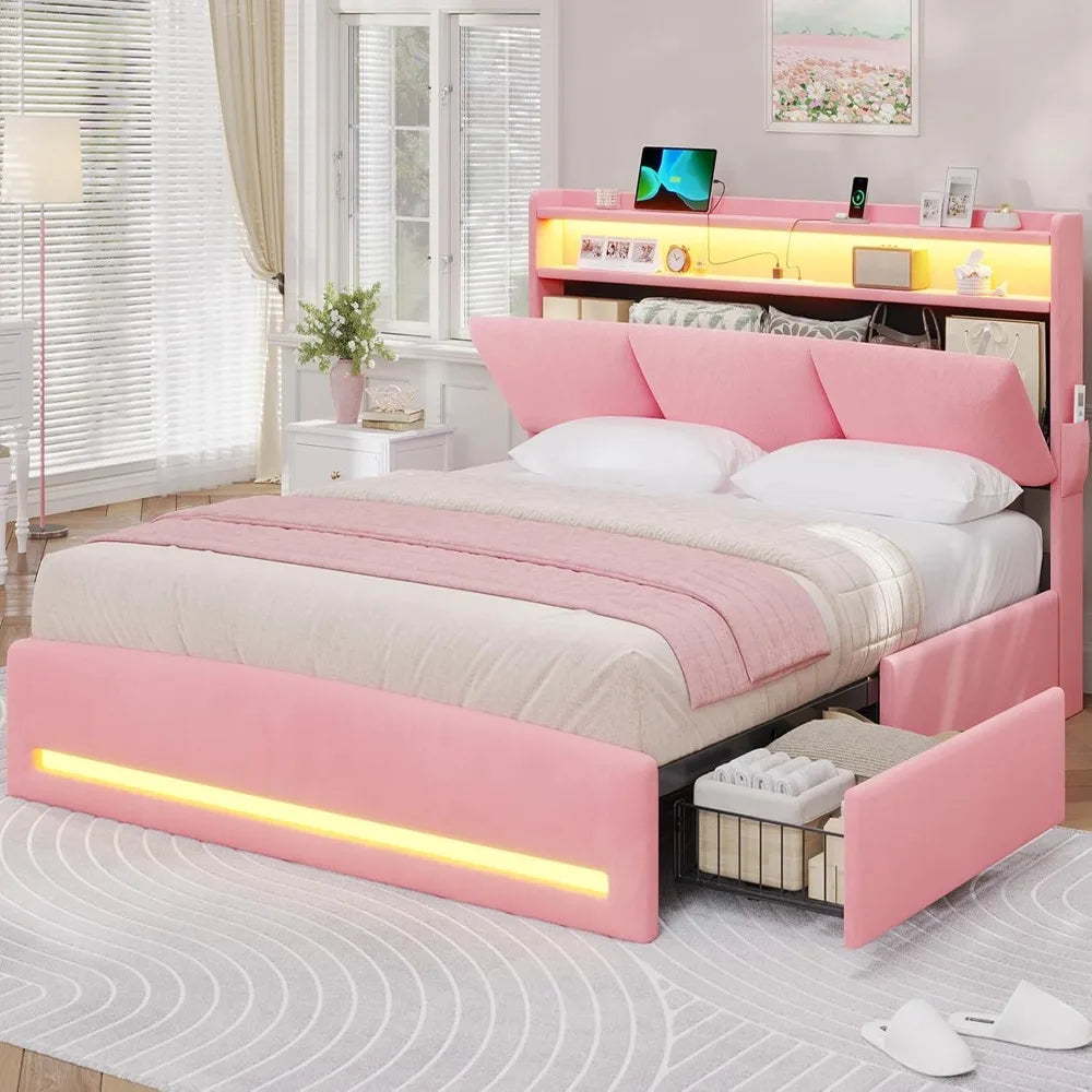USA Stock Queen Size Bed Frame with Storage Headboard 4 Drawers USB Type C Charging Station LED Lights Velvet Upholstered