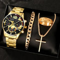 4Pcs/set Luxury Men Business Quartz Watch stainless steel Roman Calendar Wrist Watch Cross Necklace Bracelet Ring Set Men's Gift