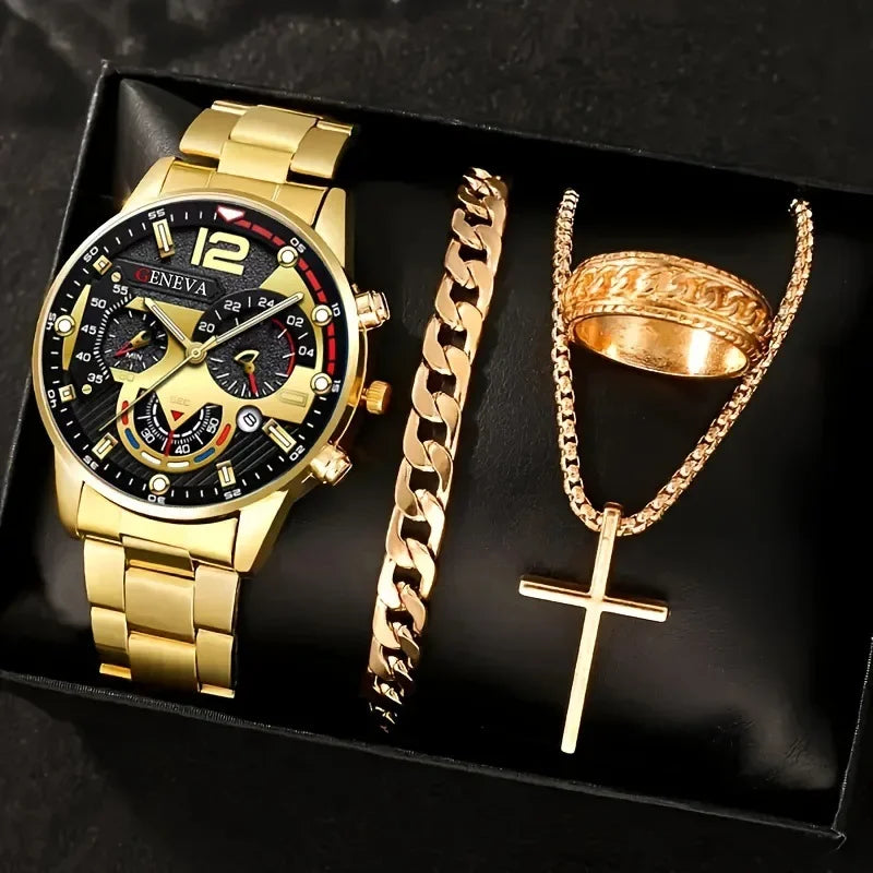 4Pcs/set Luxury Men Business Quartz Watch stainless steel Roman Calendar Wrist Watch Cross Necklace Bracelet Ring Set Men's Gift
