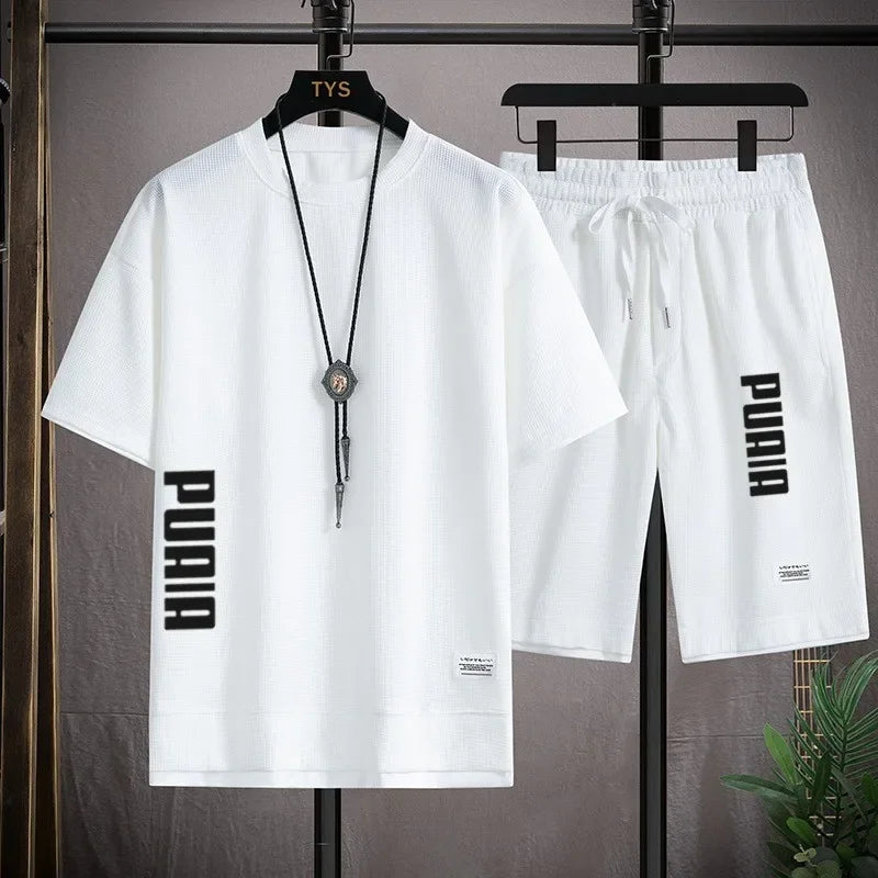 2026 New Men's T-shirt and Shorts Set 2-in-1 Summer Breathable Casual T-shirt Running Fashion Element Printed Men's Sports Set