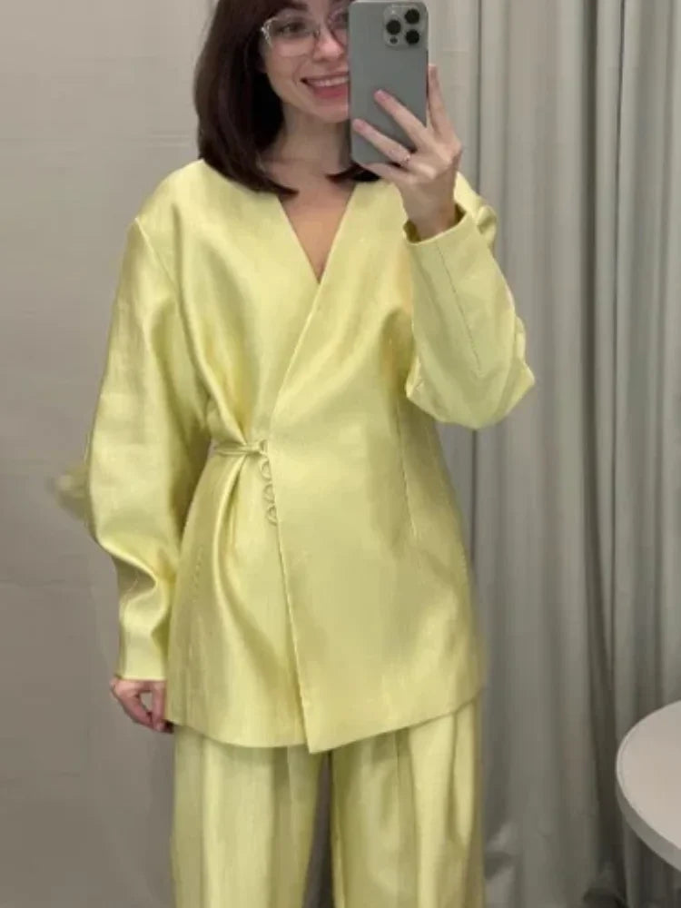 Women Elegant Solid Lace-up Blazer Set Lady Chic V-neck Full Sleeve Loose Coat Wide-leg Pants Suit 2026 Casual Commute Outfit
