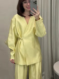 Women Elegant Solid Lace-up Blazer Set Lady Chic V-neck Full Sleeve Loose Coat Wide-leg Pants Suit 2026 Casual Commute Outfit