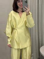 Women Elegant Solid Lace-up Blazer Set Lady Chic V-neck Full Sleeve Loose Coat Wide-leg Pants Suit 2026 Casual Commute Outfit