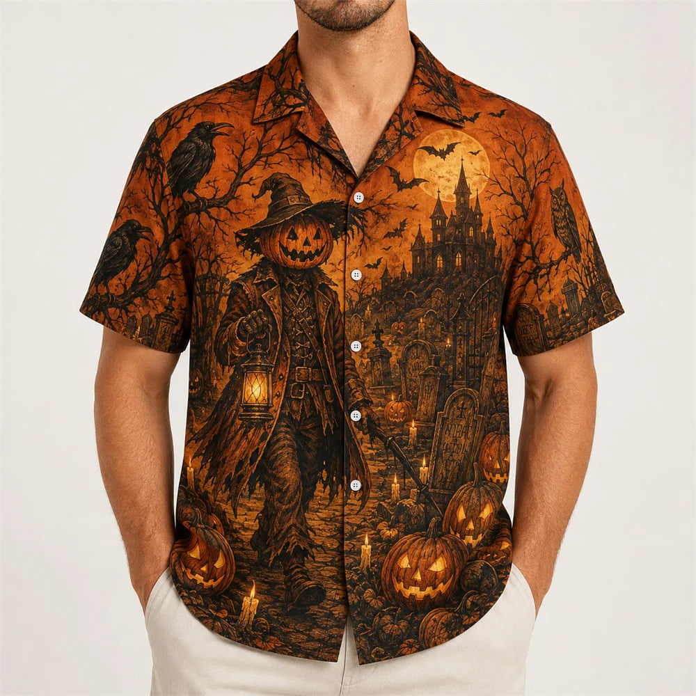 Halloween Pumpkin Reaper Shirt For Men 3D Print Jack O Lantern Short Sleeve Shirt Scary Graveyard Horror Party Costume 2026 New