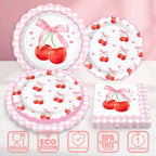 Sweet Cherry Party Disposable Tableware Pink Bow Gingham Plates Cups Napkins For Girl Happy Birthday Princess Baby Shower