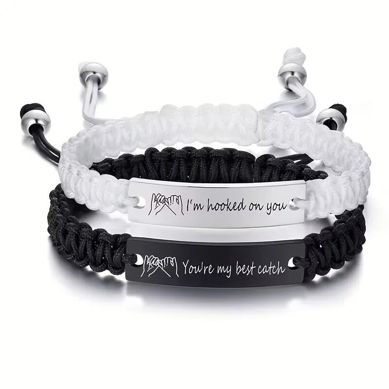 2 Pcs Handmade White Black Braided Rope Bracelet Set Adjustable Stainless Steel Couple Bracelets Valentine's Day Gifts