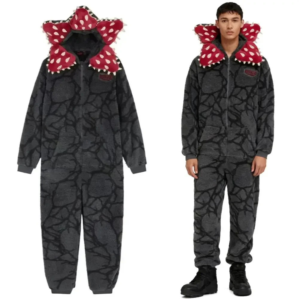 Adult Kids Demogorgon Cosplay Pajamas Onesie Fall Winter Thicken Cannibal Flower Costume Flannel Fabric Pajamas Halloween Suit