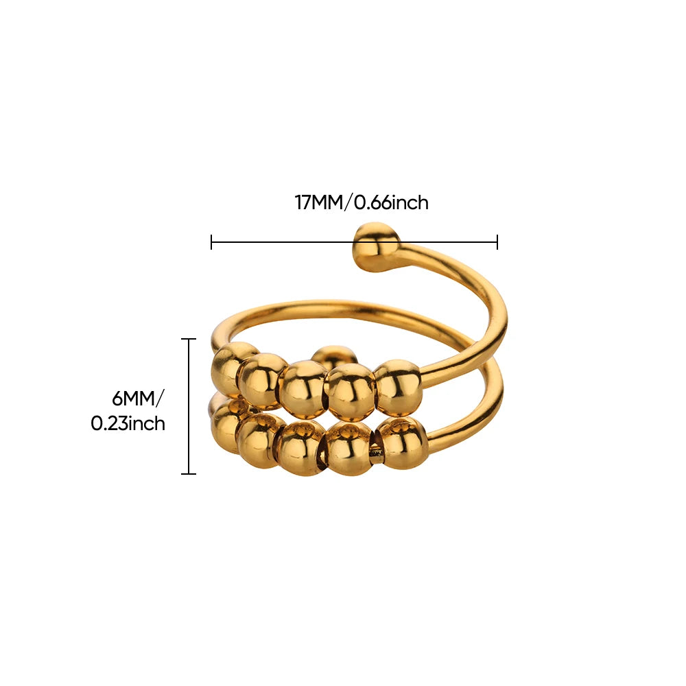 Anxiety Beads Rings for Women Gold Color Stainless Steel Open Spinner Adjustable Finger Ring Rotating Freely Anti Stress Jewelry