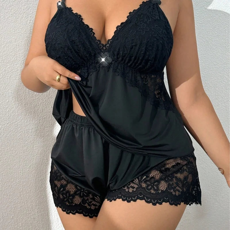 Plus Size Lace Trim Satin Sleepwear Set Deep V Neck Strap Design Home Comfortable Cool Sensual Underwear Ensemble for plus Size