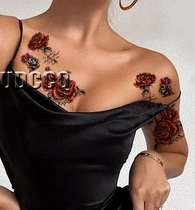 6pcs Red Temporary Rose Flower Arm & Leg Tattoo Stickers, Sexy Stripper Chest & Thigh Design, Waterproof, Perfect For Women