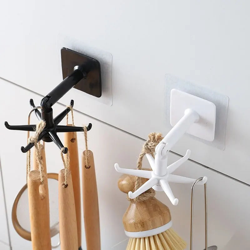 1pc Black Kitchen Rotating Punch-free Wall-mounted Shelf 6 Rotating Hooks Pot Shovel Chopping Nail-free Adhesive Hook Rack