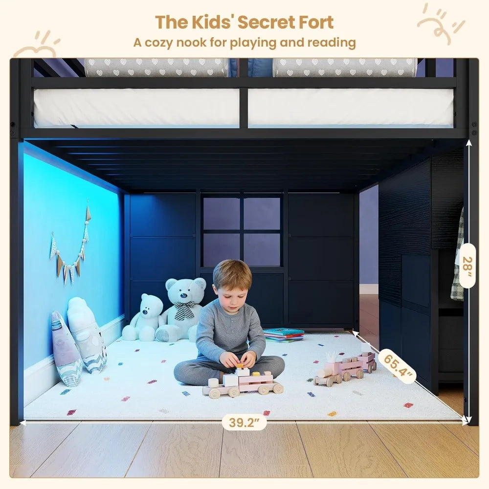 Low Loft Bed Twin Size with Stairs, LED Lights, 7 Drawers & Storage for Kids, Black
