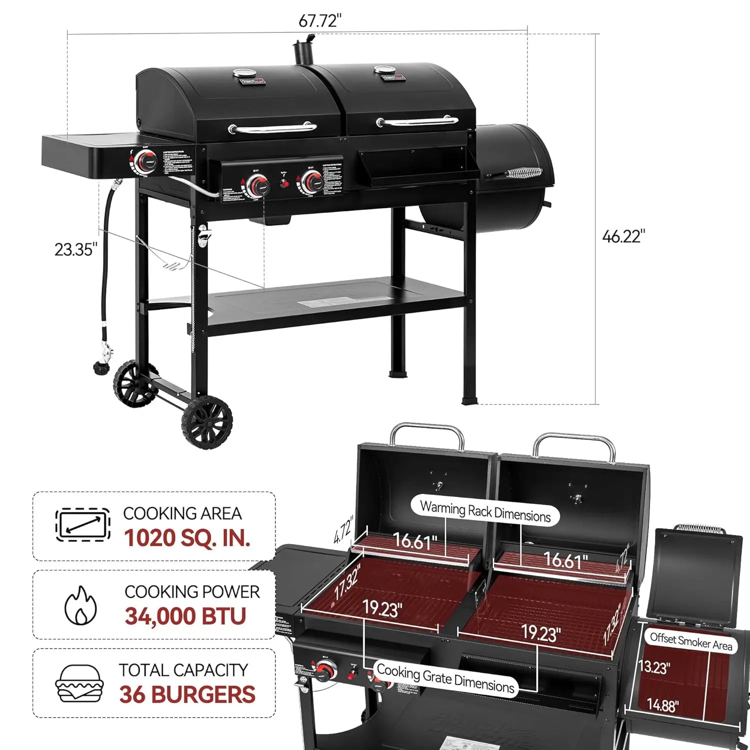 2-Burner Gas and Charcoal Combo Grill with Offset Smoker & Side Burner, 34,000 BTU Dual Fuel Grill, 1020 Sq. In., Customized
