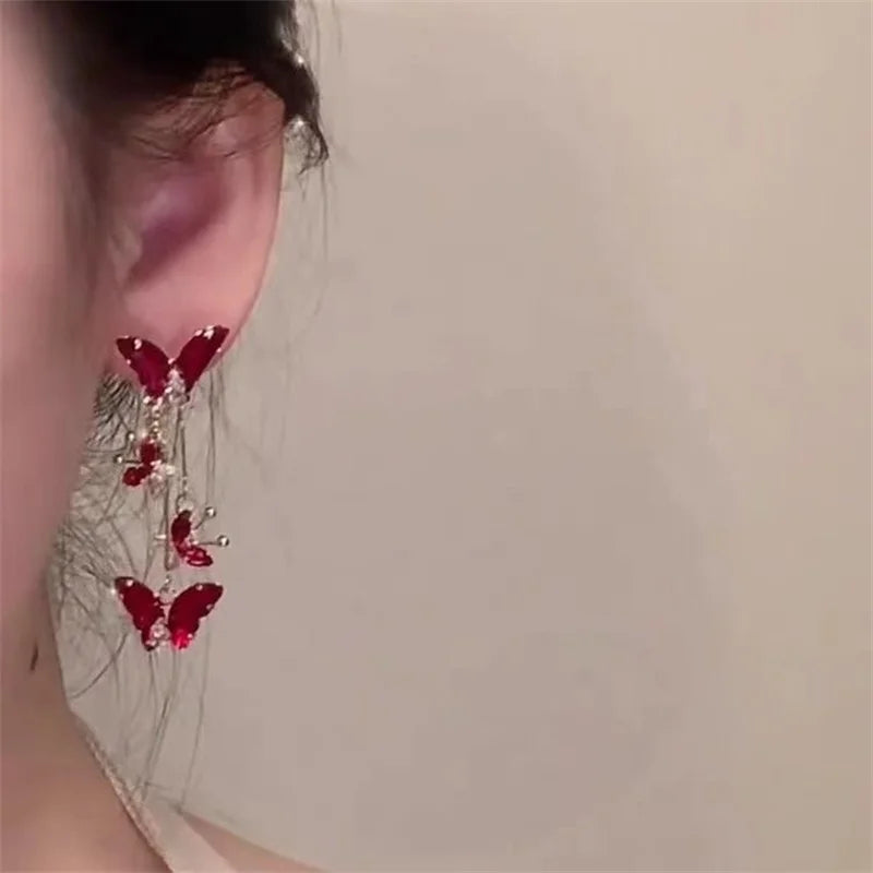 Elegant Red Zircon Butterfly Drop Earrings for Women Temperament Sweet Metal Bow Earrings Fashion Charms Jewelry Accessories