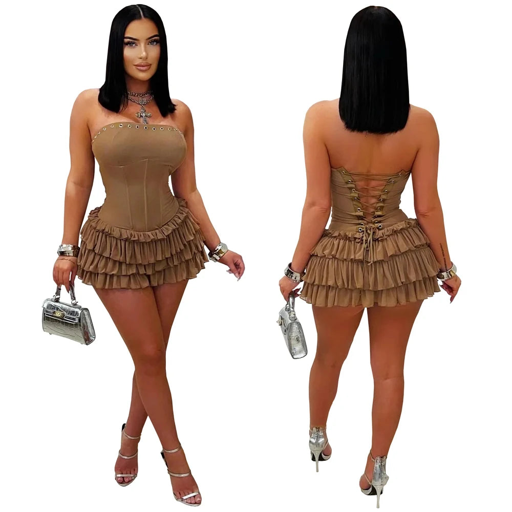 Y2k Vestidos Para Mujer Solid Color Elegant Strapless Puffy Ruffles Slim Fit Mini Dress Curvas Pleated Sexy Short Dress Women