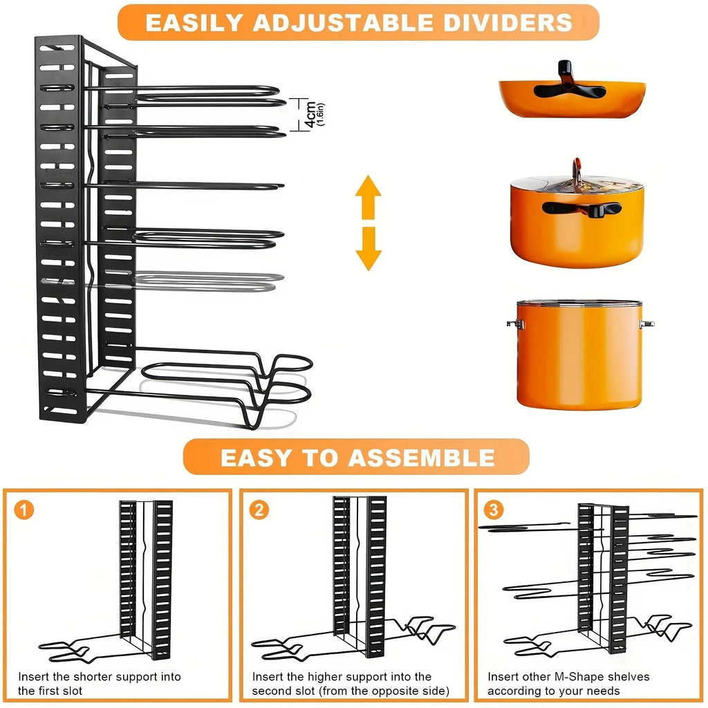 Space-Saving 8-Tier Pot Rack Organizer - Durable Metal Holder for Pans, Pots, and Lids to Keep Your Kitchen Neat and Tidy