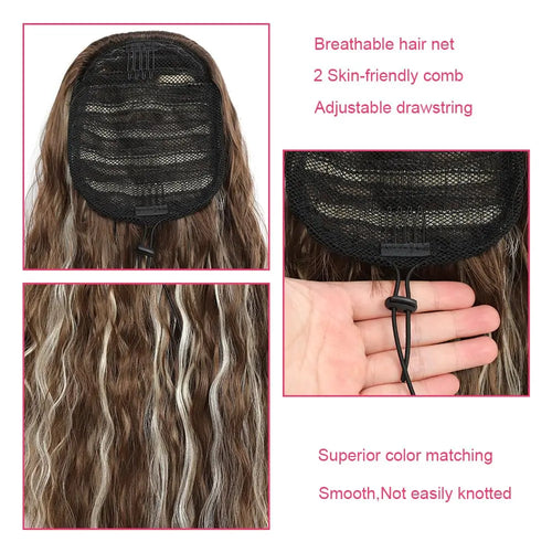 22 Inch Drawstring Ponytail Extension Curly Wave Long Ponytail Hair Extension Synthetic Corn Wavy Drawstring Ponytail Extensions
