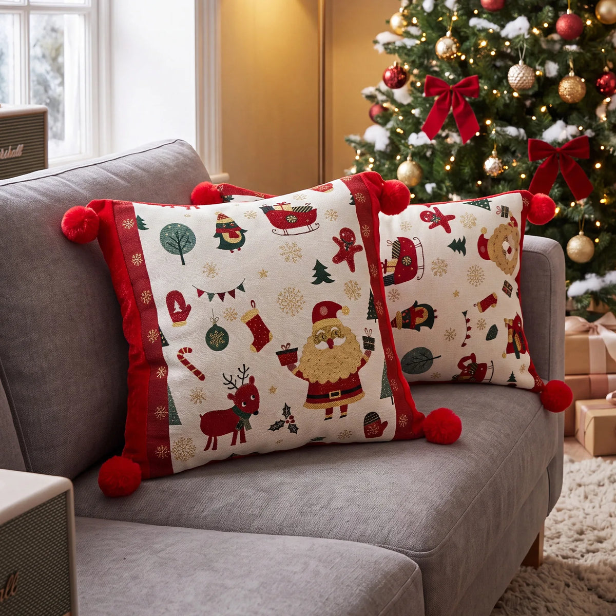 Christmas Red Jacquard Throw Pillow Cover Cartoon Elk Snowflake Christmas Pillowcase Plush Sofa Decor Cushion Covers 45x45cm