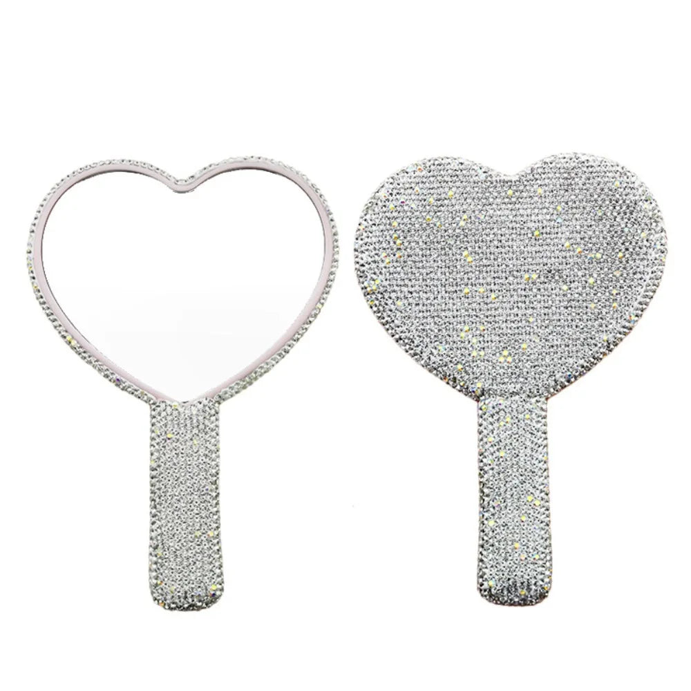 Cute Rhinestone Makeup Mirror Round Square Heart Shape Shiny Bling Cosmetic Hand Mirror Portable with Handle Handheld Mirror
