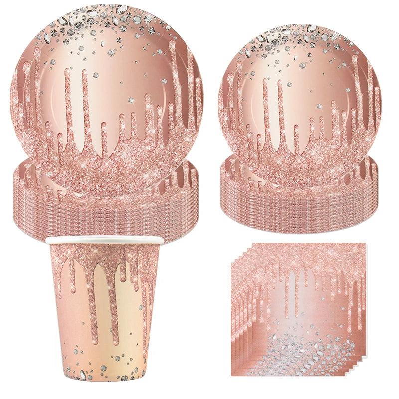 Rose Gold Disposable Tableware Diamond Pattern Paper Cups Plates Straws Table Decoration Wedding Birthday Party Supplies