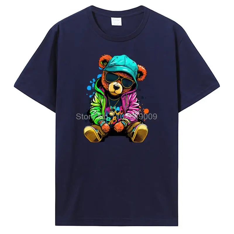 Teddy Bear Playing Badminton T-shirt Cotton Clothing Tops Graphics Kawaii Men Women Short Sleeve Print TShirt Tees