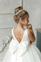 White Flower Girl Dress Princess Flower Girl Dresses White Communion Kid Satin Corest  Toddler Tiered Train Ball Gown
