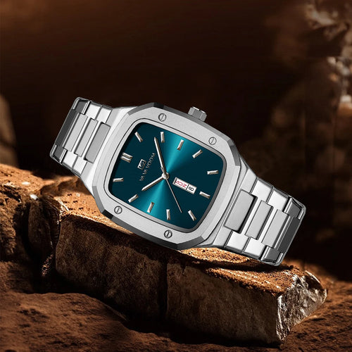 2024 New Men Watch Fashion Square Stainless Steel Strap Blue Gold 3Bar Quartz Week Calendar Simulated Business Sports WristWatch