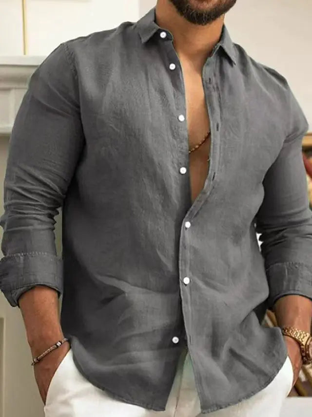 Men's Solid Color Cotton Linen Shirt Classic Button-Up Lapel Long Sleeve Loose Casual Top Spring Summer Fashion 2026