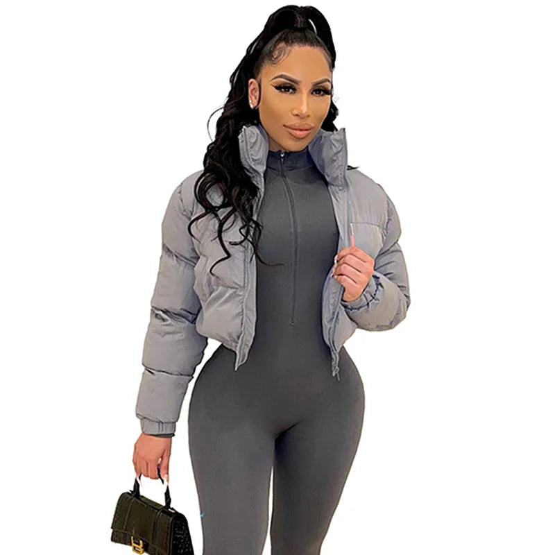 Cotton Padded Coat Women Patchwork Puffer Parka Outwear Solid Color Winter Warm Zipper Crop Top Jacket Chaqueta Mujer