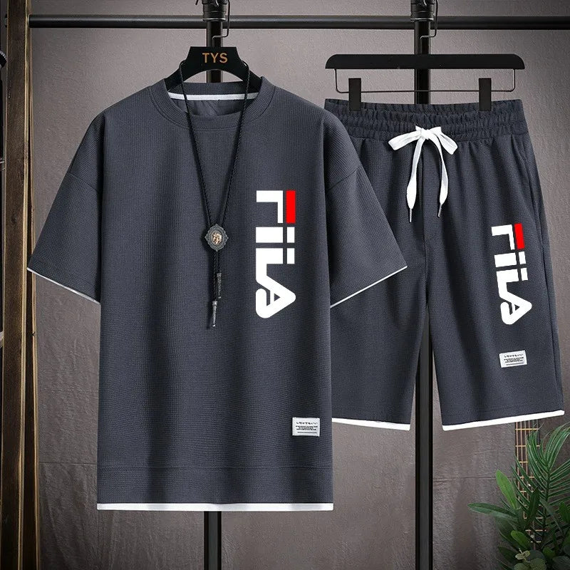 2026 Summer Men's Sports Set Casual T-shirt+Shorts Set Waffle Fashion Short Sleeve Shorts Two sets of Sports Set Loose Set