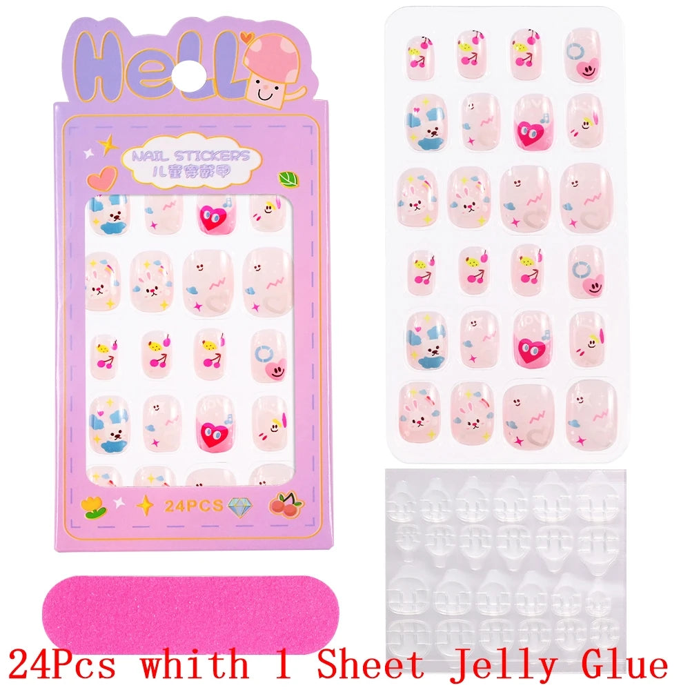 Children Press on Nails,24 Pcs Fake Nails Tips for Kids Acrylic Nails Pre-glue Full Cover Short False Nails Cute Fingernails
