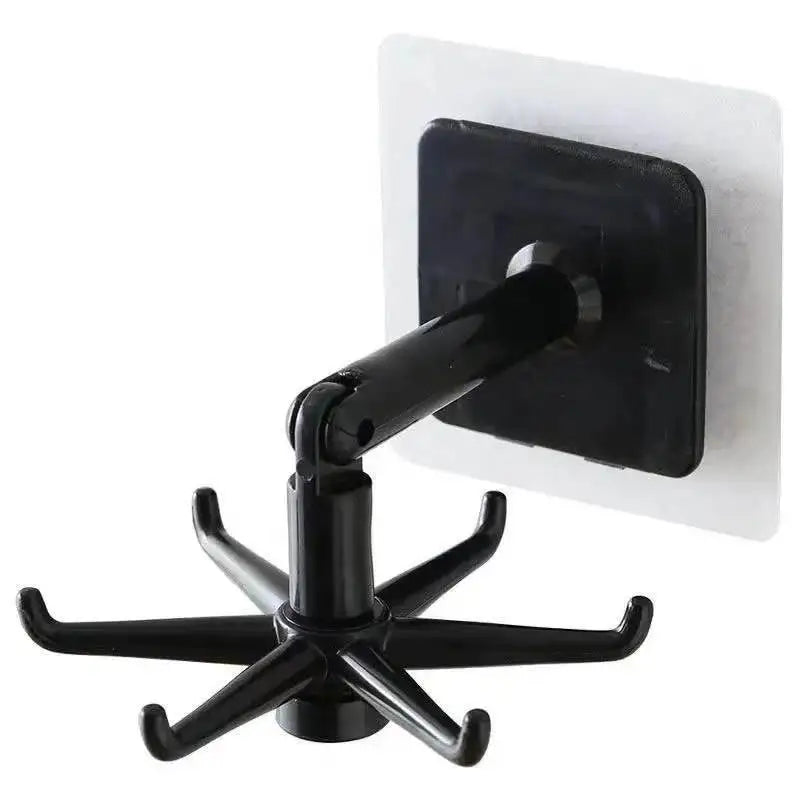 1pc Black Kitchen Rotating Punch-free Wall-mounted Shelf 6 Rotating Hooks Pot Shovel Chopping Nail-free Adhesive Hook Rack