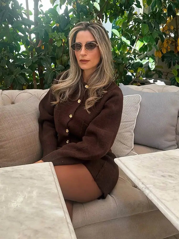 Elegant Brown Knitted Cardigan Skirt Suit Women Single Breasted Sweater Mini Skirts Set 2025 Autumn Chic Street Lady Outfits