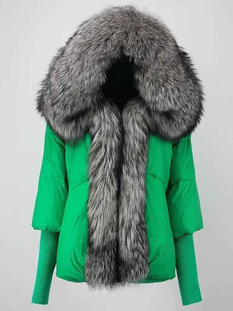 2024 Winter Puffer Jacket Women Real Fox Fur Collar Hooded Natural Thick Warm Loose Oversize Duck Down Coat Streetwear Outerwear