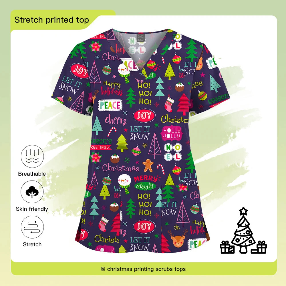 Christmas Print Scrubs Tops Women Short Sleeve V-neck Blouse Nurse Uniforms T-Shirt Medical Working Uniform Veterinary Workwear