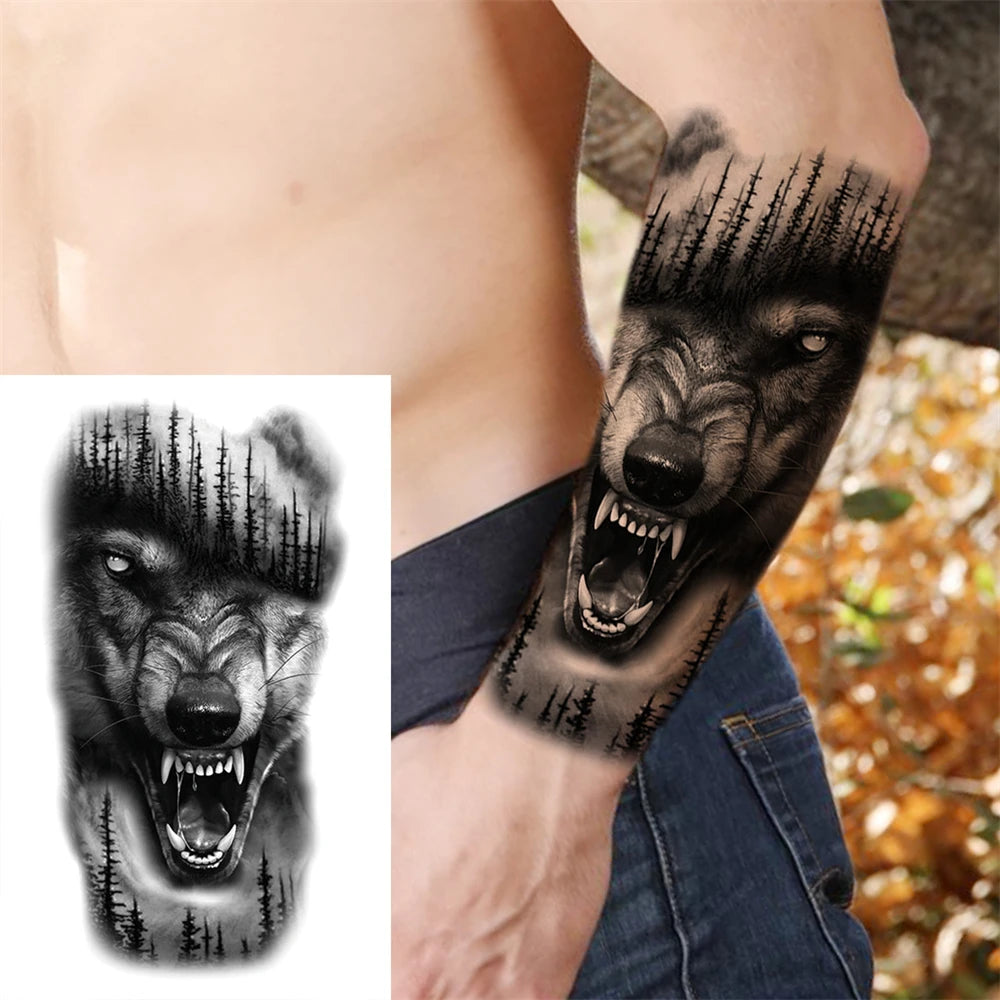 1pc Lion Men Waterproof Temporary Tattoos Fake Stickers Arm Hand Cool Art Black Transfer Clock Tattoo Stickers Wolf Tiger Tattoo