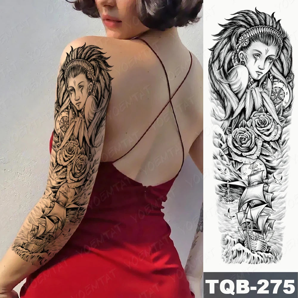 Large Arm Sleeve Tattoo Gun Rose Lion Waterproof Temporary Tattoo Sticker Clock Flower Waist Leg Body Art Full Fake Tatoo Women