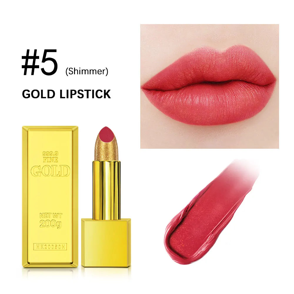 Glitter Sexy Lipstick Shimmer Gold Lipstick Long Lasting Waterproof Cosmetic Gold Brick Tube Valentine's Day Gift For Woman