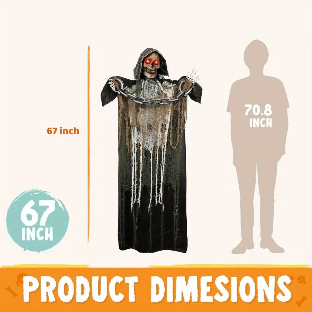 67''Halloween Decorations Outdoor Life Size Animatronics Grim Reaper with Chain Sound-Actived Party Decor with Creepy Sound Scary House Props for Garden Yard Lawn