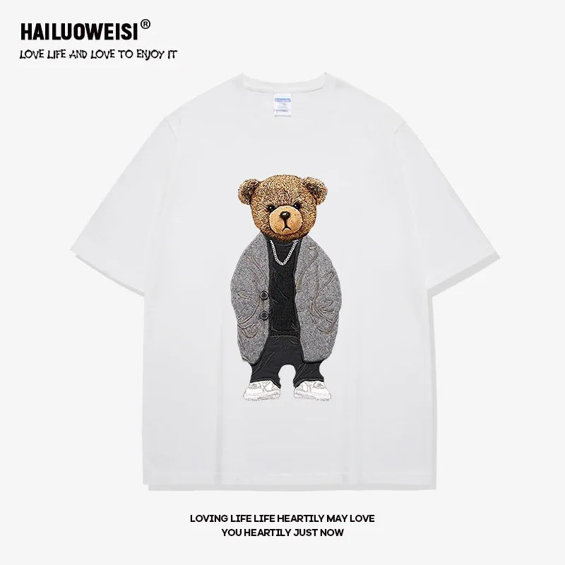 Summer Fashion High End Men's Fun Little Bear 100% Cotton Printed Round Neck High Quality Leisure Fitness Street T-shirt