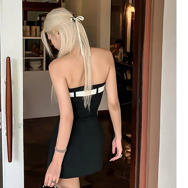 Y2k Women Sexy Mini Bow Bandage Dress Elegant Sleeveless High Waist Sweet Style Dresses Streetwear Fashion Backless A-line Skirt