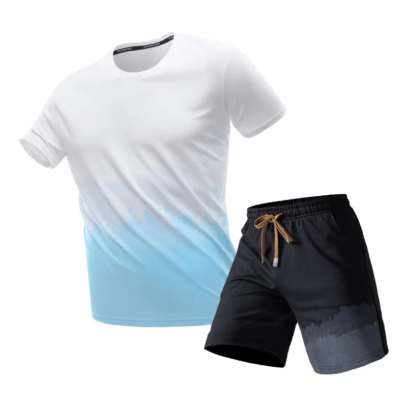 Men Summer T-Shirts Sets Outdoor Run Fitness Clothing Fashion Sports Short Sleeve Top Shorts Suit Daily Leisure Two-Piece Outfit