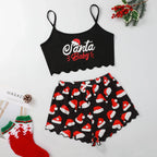 Santa Print Women's Sleepwear Soft Christmas Festival Cute Gingerbread Print 2 Pieces Pajama Set Crop Tops and Shorts Loungewear