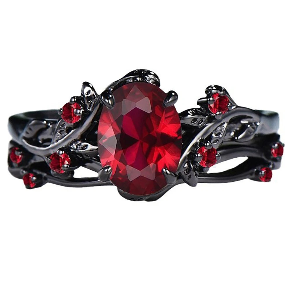 Two-piece Set Classic Gun Black Rose Branches Ring Women's Vintage Inlaid Red Cubic Zircon Finger Rings Fashion wedding Jewelry