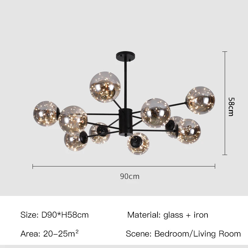 Modern Living Room Glass Ball Chandelier, Ceiling, Dining Room Led Light, Room Decoration, Indoor Lighting, Hanging Chandelier