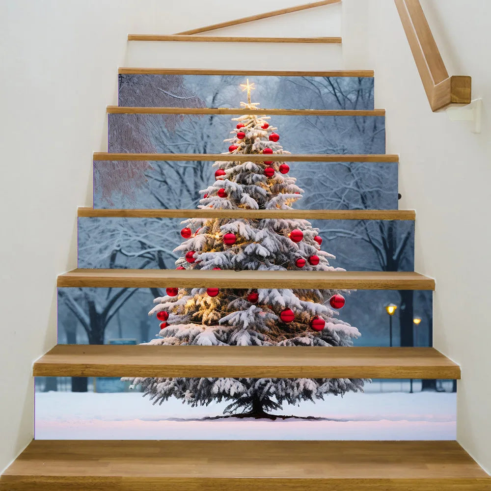 6PCS Christmas Staircase Background Cloth Xmas decoration 2025 Xmas Santa Claus tree snowman Navidad Natal New Year Gift 2026